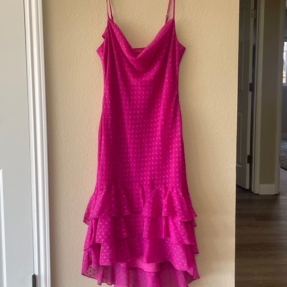 Betsey Johnson Vibrant Fuchsia Cowl Neck Tiered Ruffle Midi Dress
